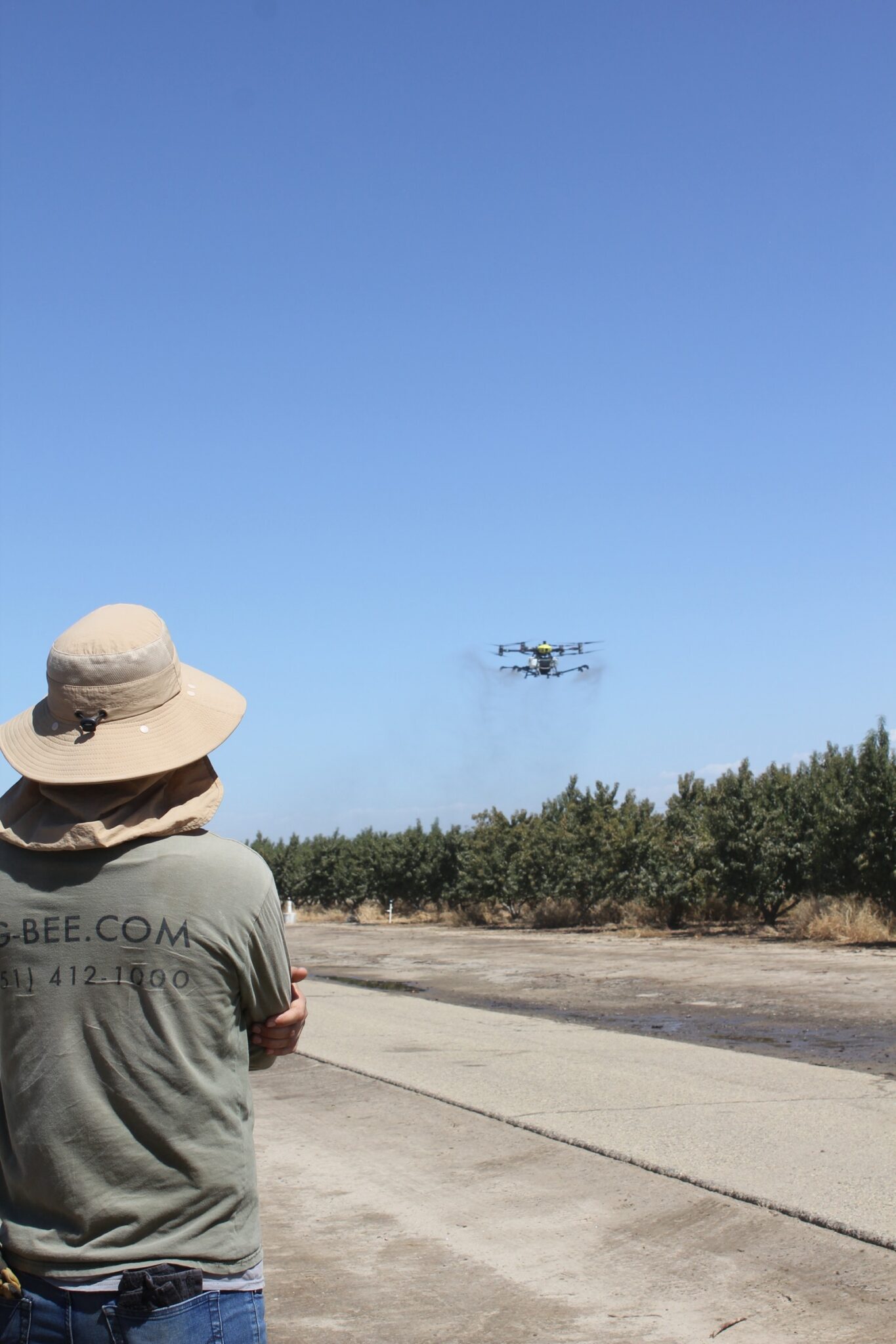 Nate Nouwels, chief pilot for Ag-Bee, makes an application at 20 gallons per acre to peach trees at the UC Kearney Agricultural Research and Extension Center.